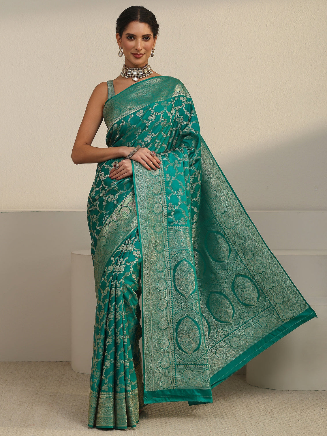 Mameraa Sea Green Floral Woven Design Brocade Saree