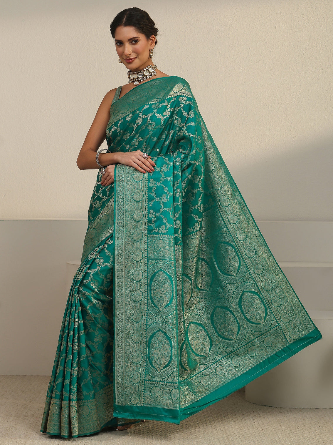 Mameraa Sea Green Floral Woven Design Brocade Saree