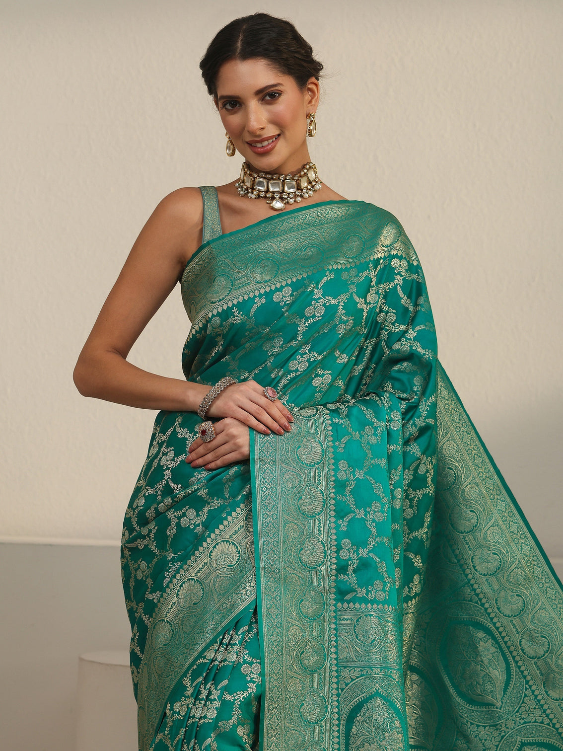 Mameraa Sea Green Floral Woven Design Brocade Saree