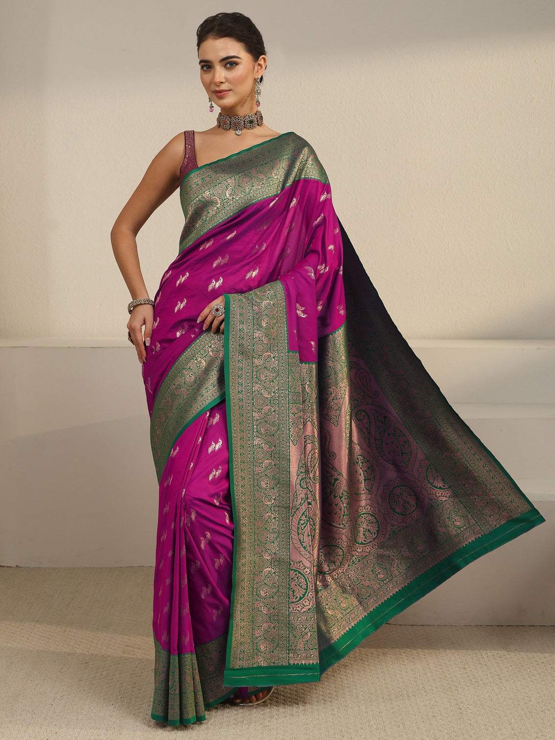 Mameraa Purple and Teal Green Peacock Woven Design Silk Blend Saree