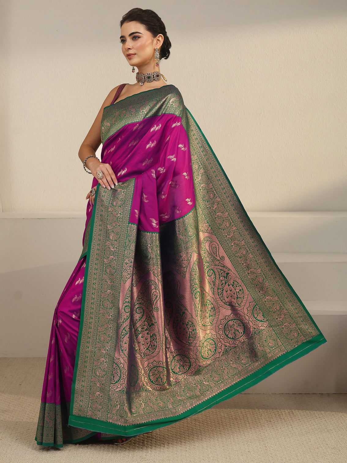 Mameraa Purple and Teal Green Peacock Woven Design Silk Blend Saree
