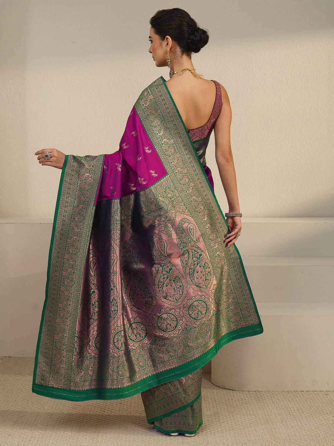 Mameraa Purple and Teal Green Peacock Woven Design Silk Blend Saree