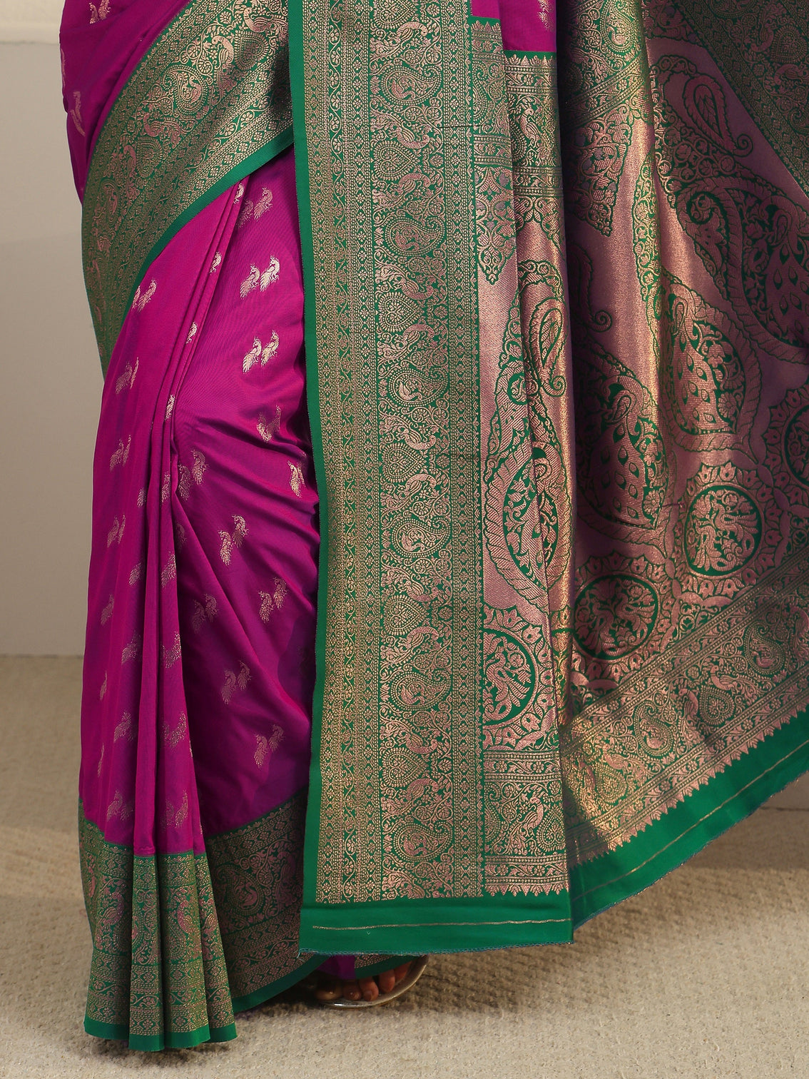 Mameraa Purple and Teal Green Peacock Woven Design Silk Blend Saree