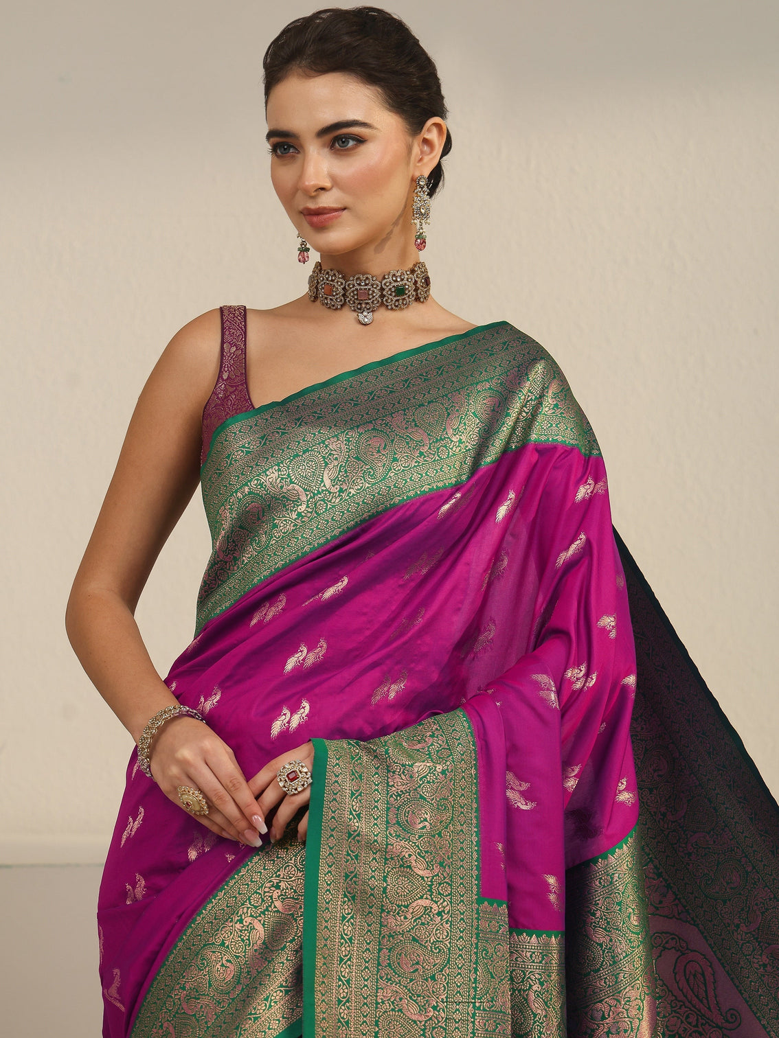 Mameraa Purple and Teal Green Peacock Woven Design Silk Blend Saree