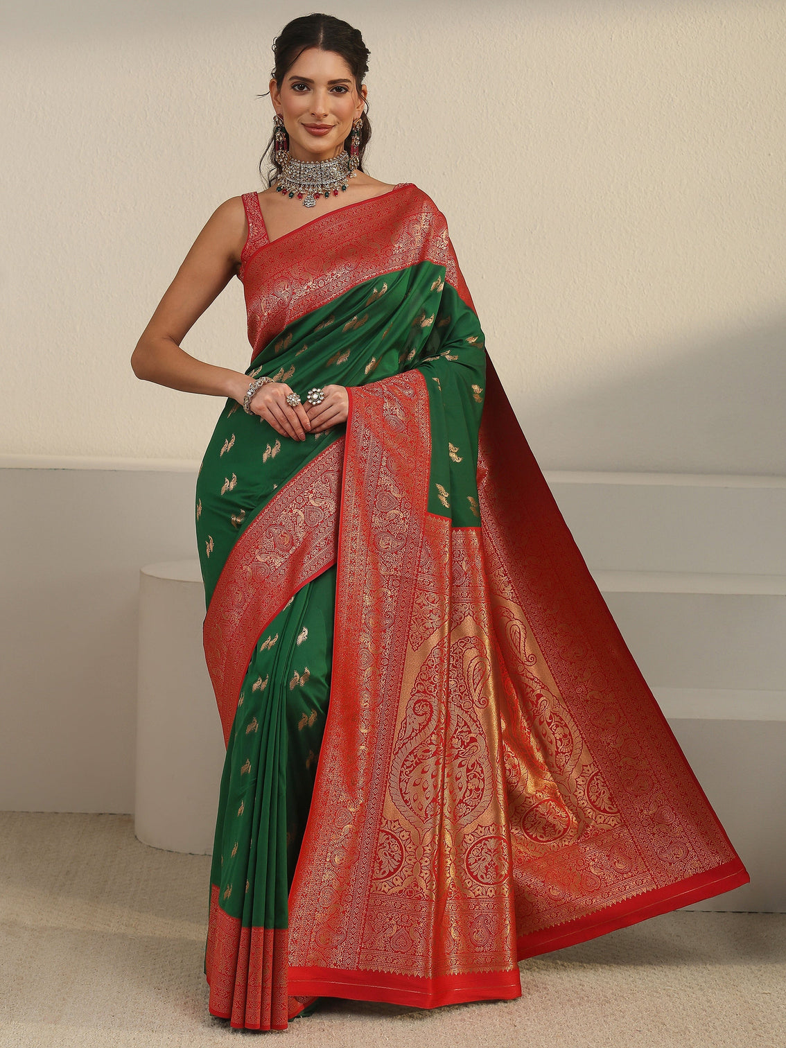 Mameraa Emerald Green and Red Peacock Woven Design Silk Blend Saree