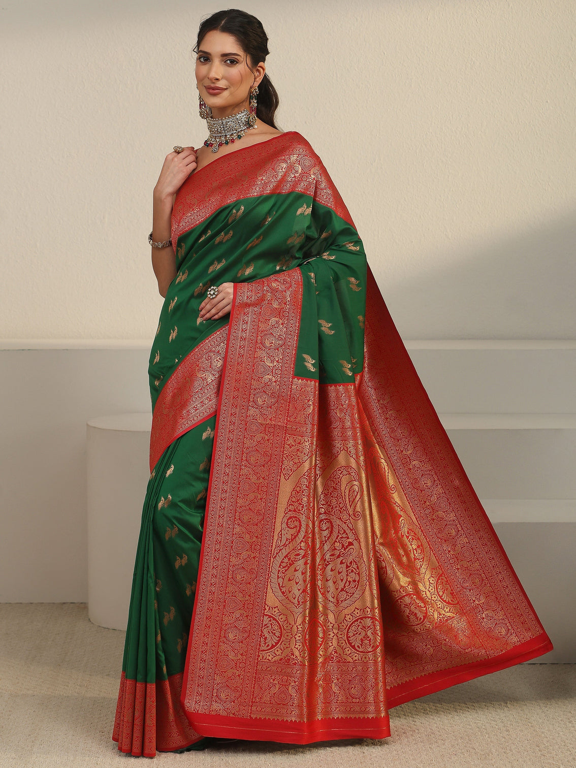 Mameraa Emerald Green and Red Peacock Woven Design Silk Blend Saree