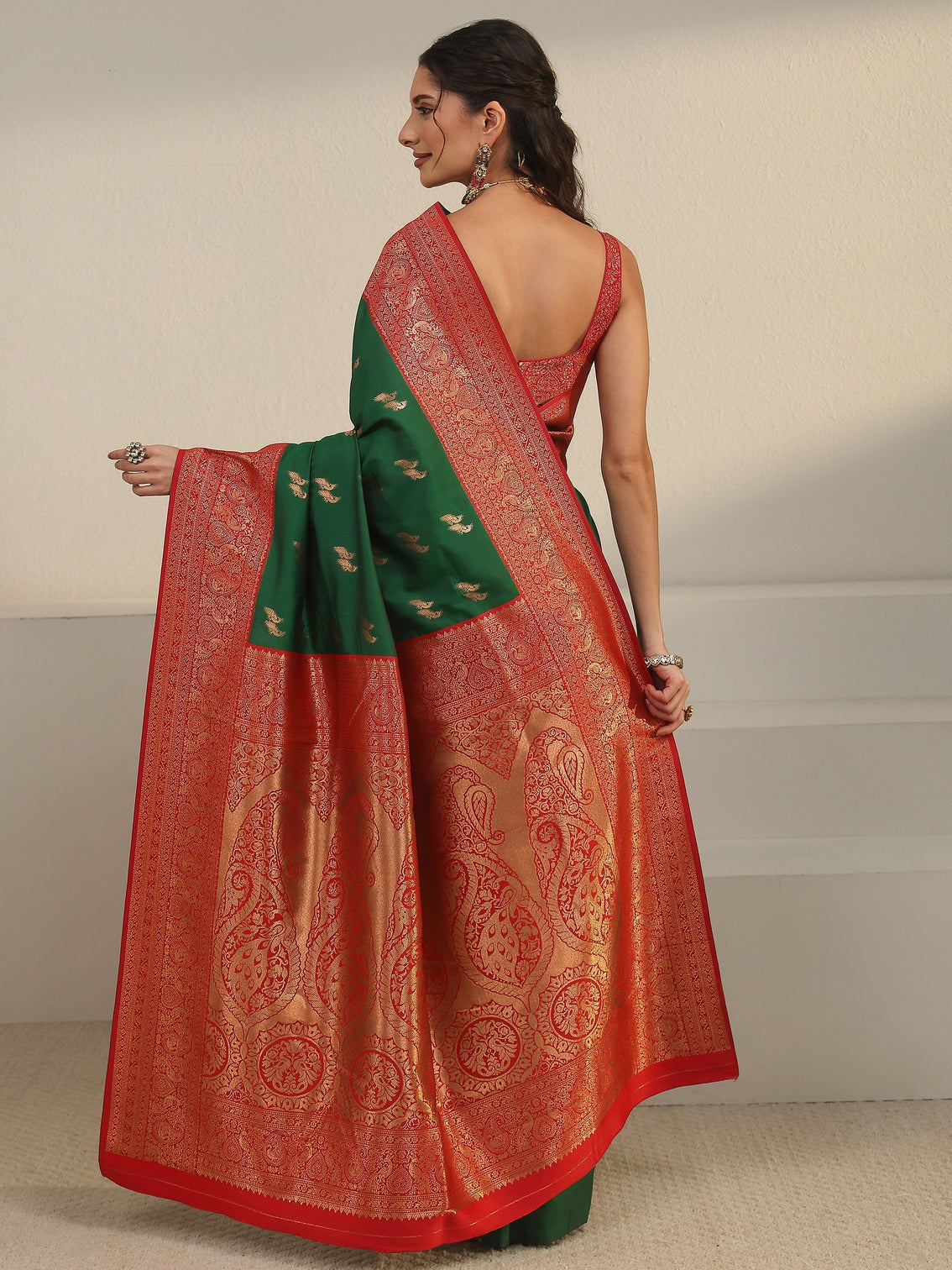 Mameraa Emerald Green and Red Peacock Woven Design Silk Blend Saree