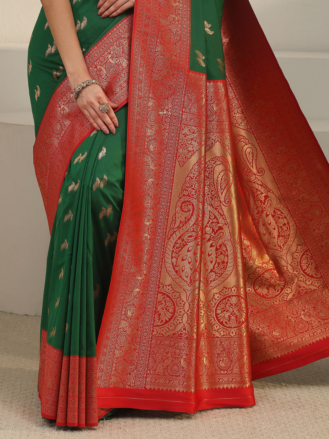 Mameraa Emerald Green and Red Peacock Woven Design Silk Blend Saree