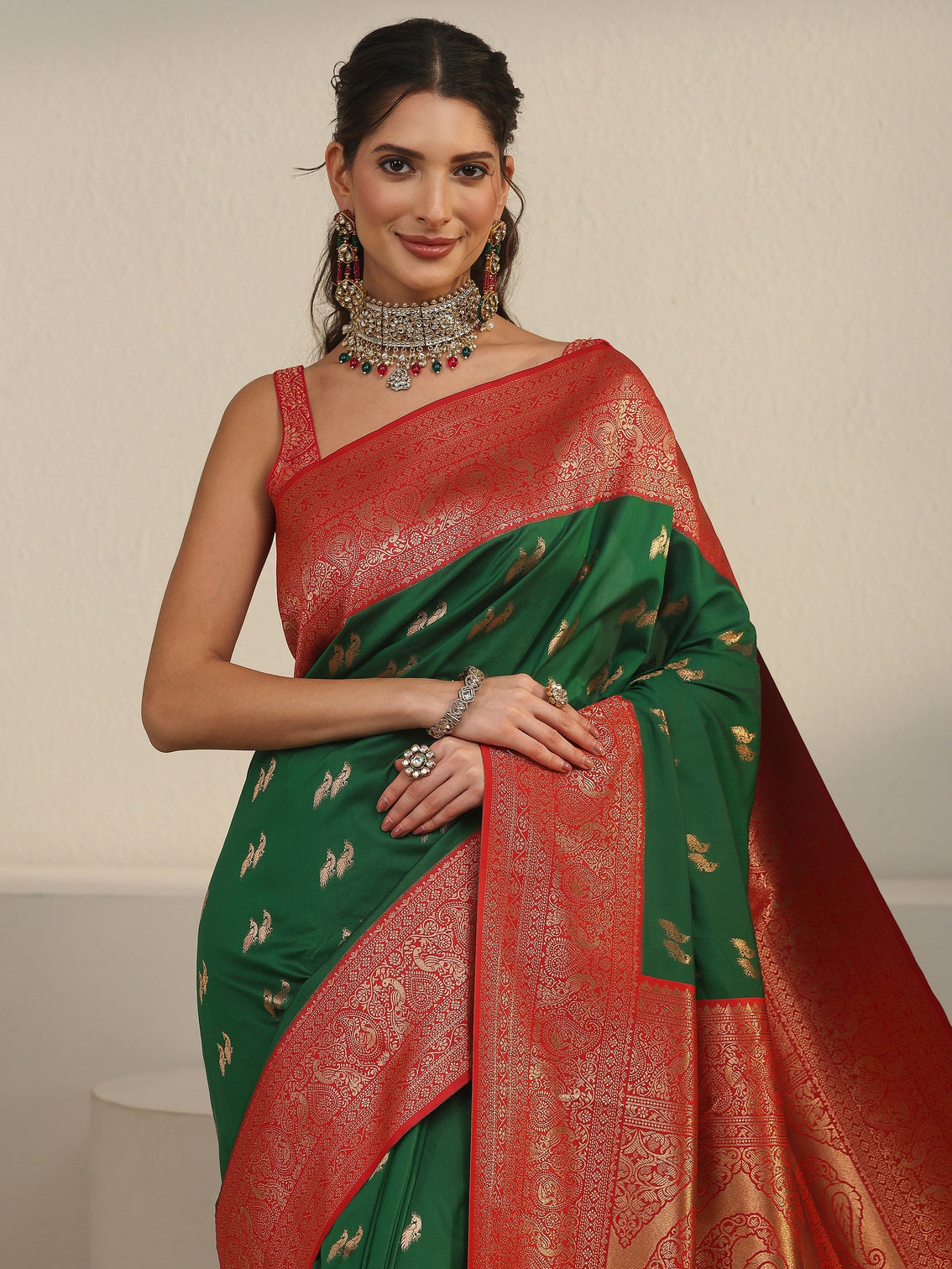 Mameraa Emerald Green and Red Peacock Woven Design Silk Blend Saree