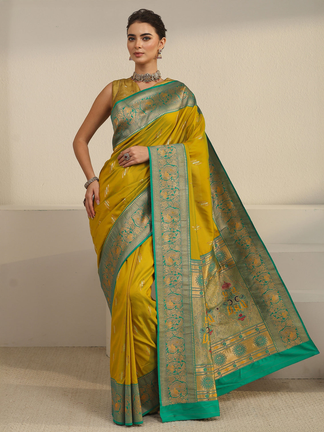 Mameraa Mustard and Green Silk Blend Paithani Saree