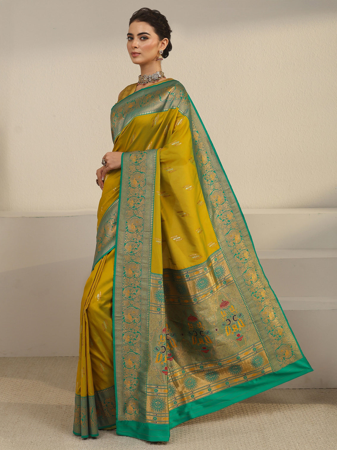Mameraa Mustard and Green Silk Blend Paithani Saree