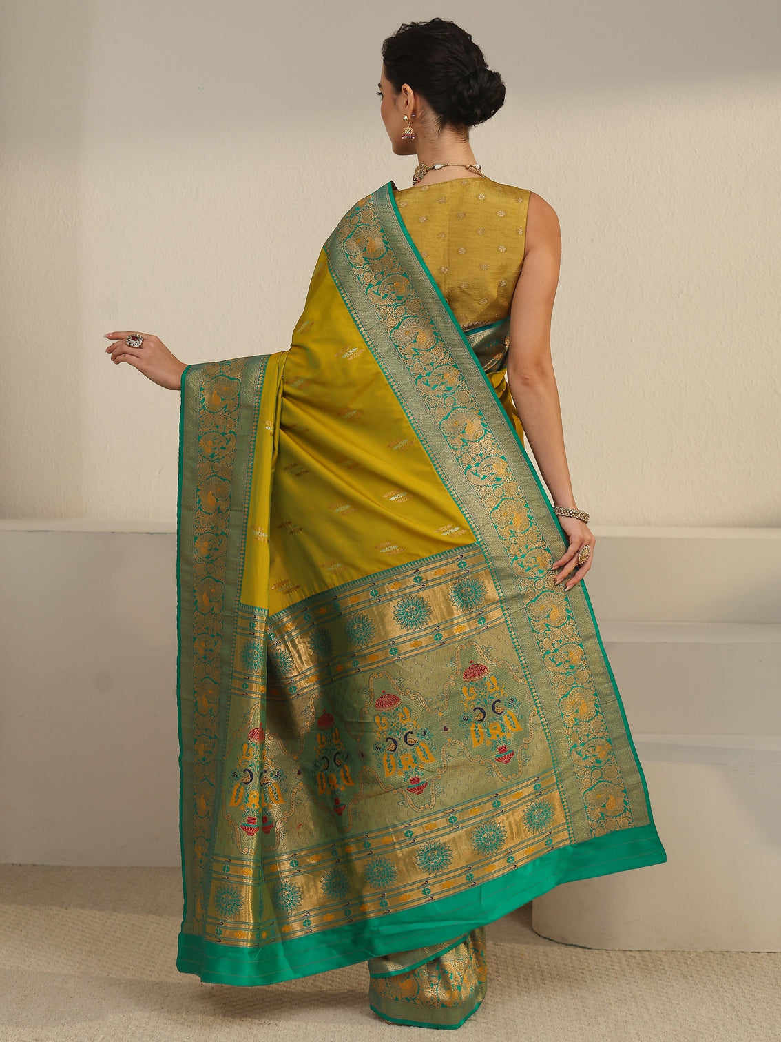 Mameraa Mustard and Green Silk Blend Paithani Saree