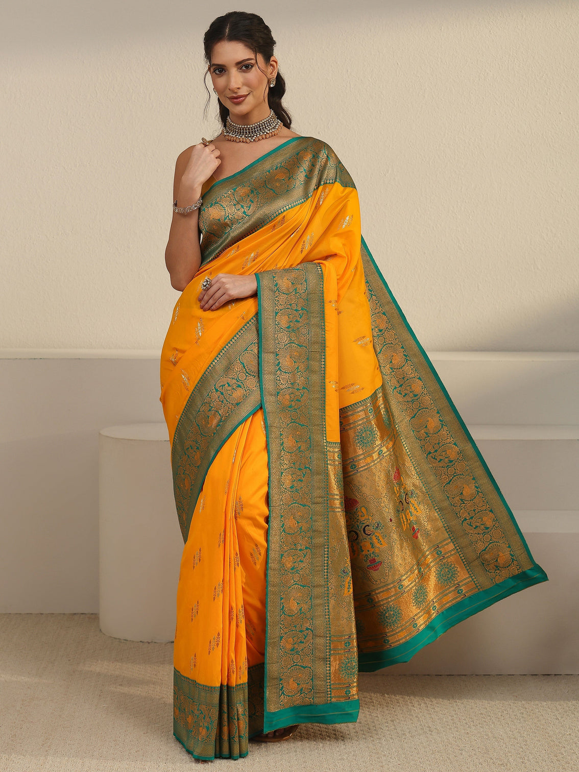 Mameraa Haldi Yellow and Green Silk Blend Paithani Saree