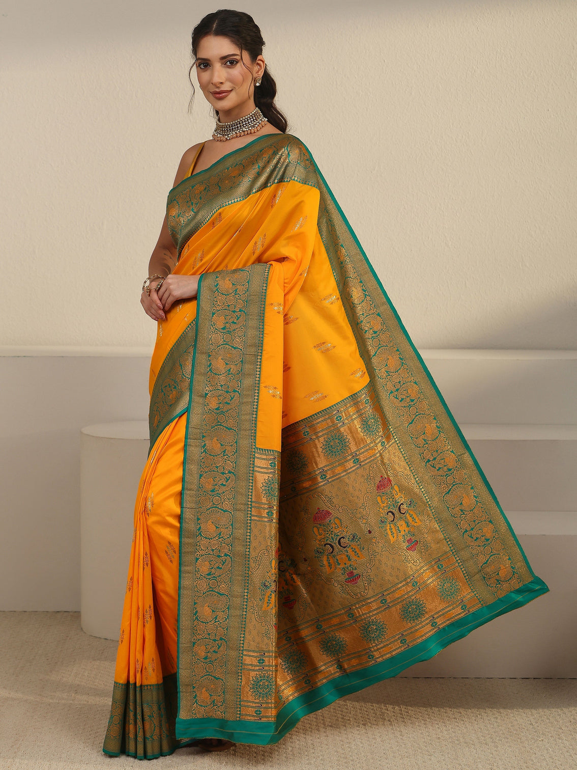 Mameraa Haldi Yellow and Green Silk Blend Paithani Saree