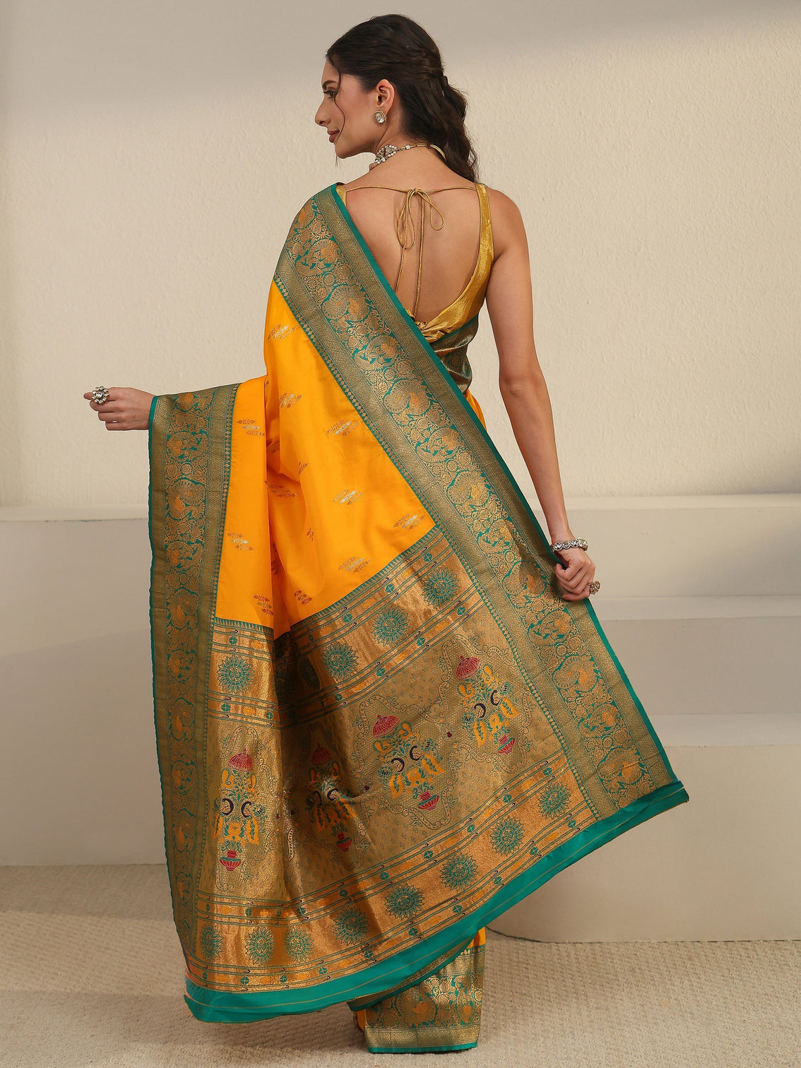 Mameraa Haldi Yellow and Green Silk Blend Paithani Saree