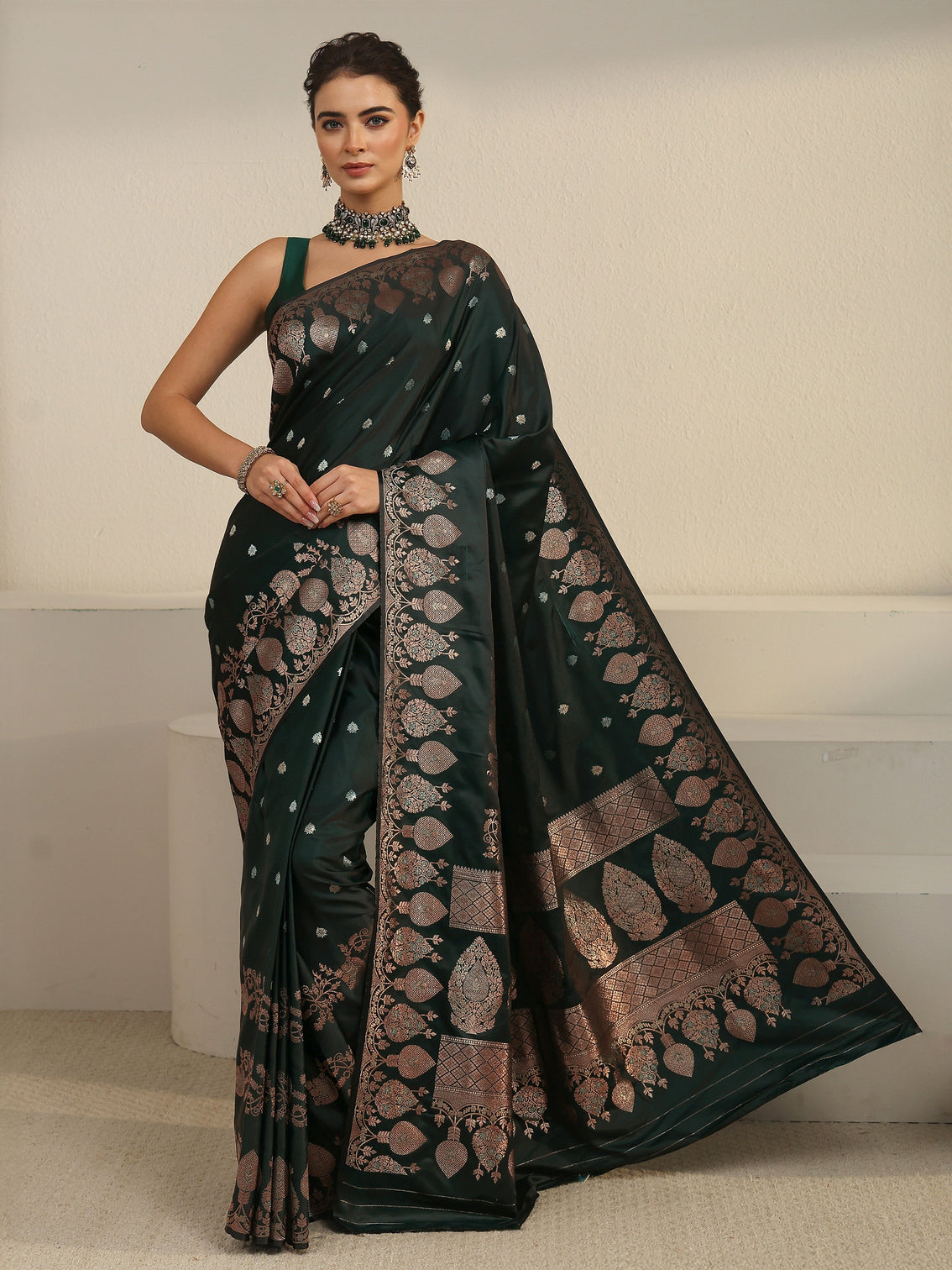 Mameraa Jungle Green Woven Design Banarasi Satin Saree