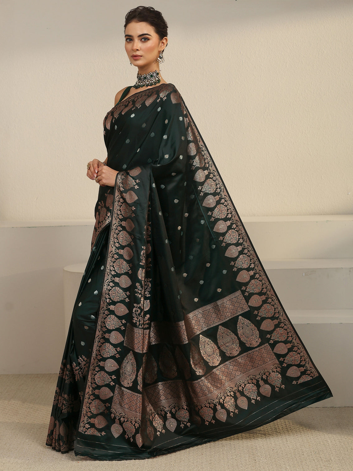 Mameraa Jungle Green Woven Design Banarasi Satin Saree