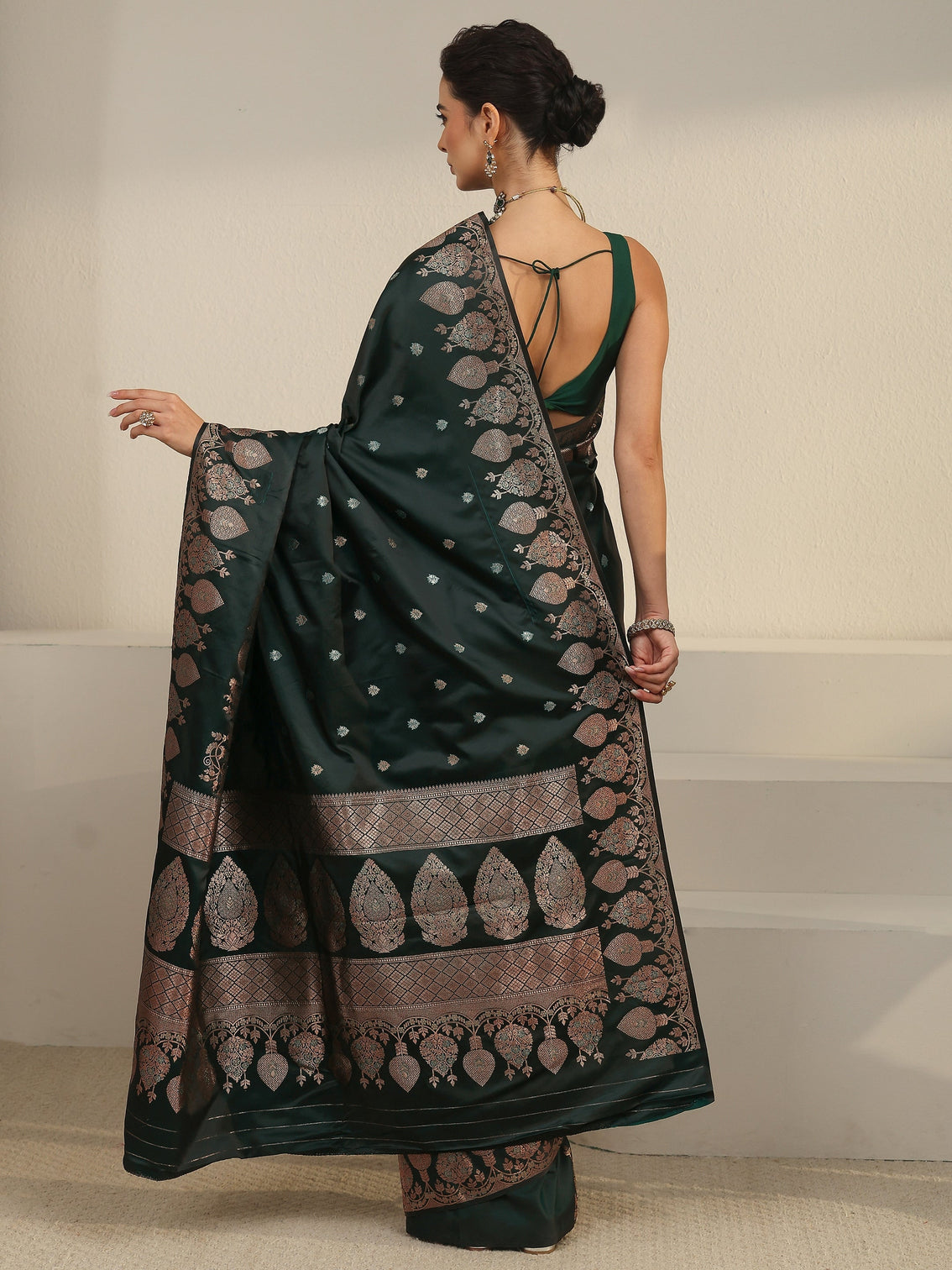Mameraa Jungle Green Woven Design Banarasi Satin Saree