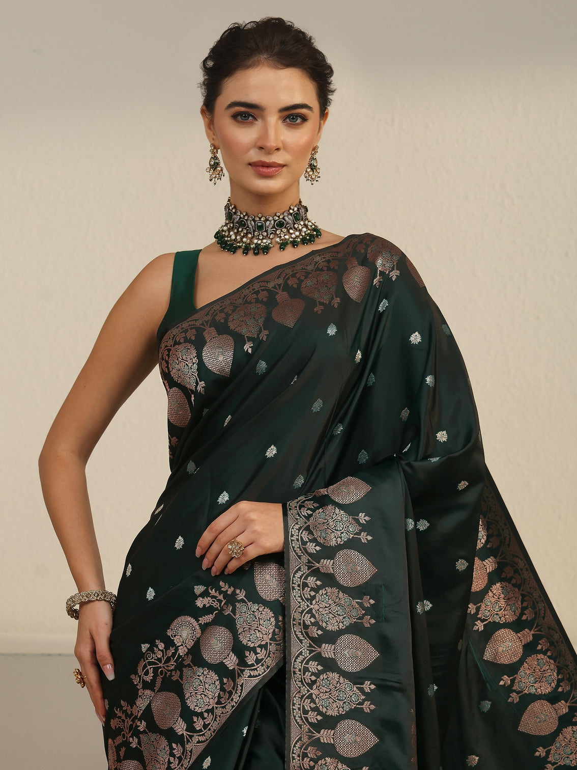 Mameraa Jungle Green Woven Design Banarasi Satin Saree