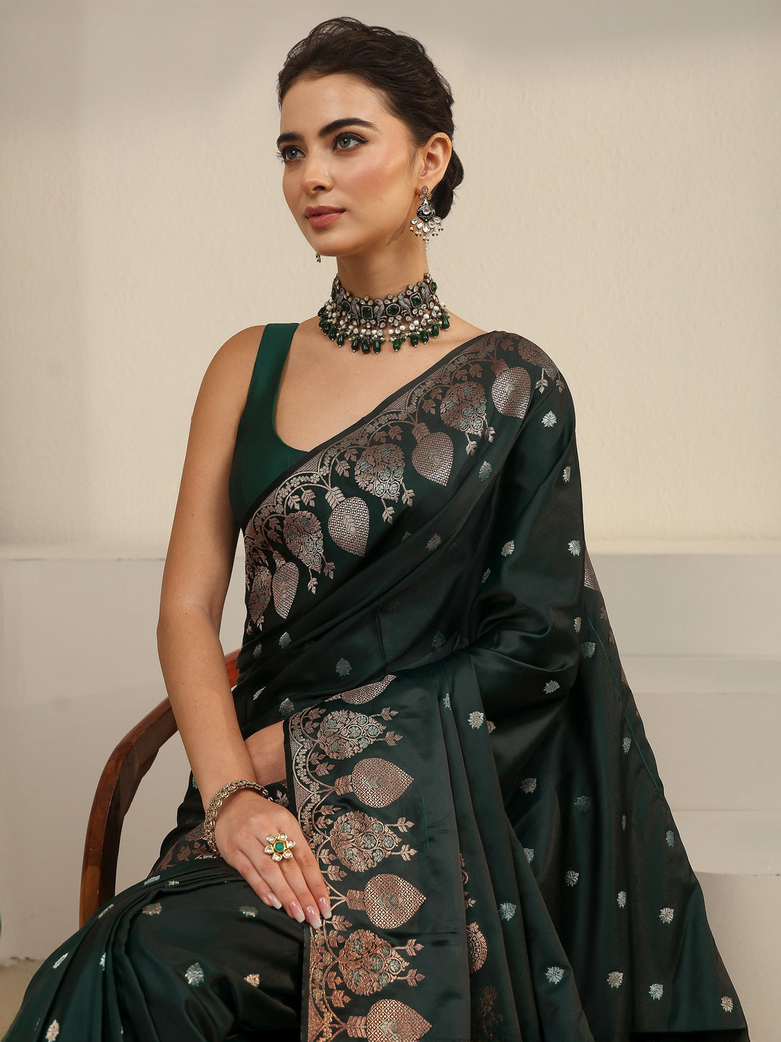 Mameraa Jungle Green Woven Design Banarasi Satin Saree