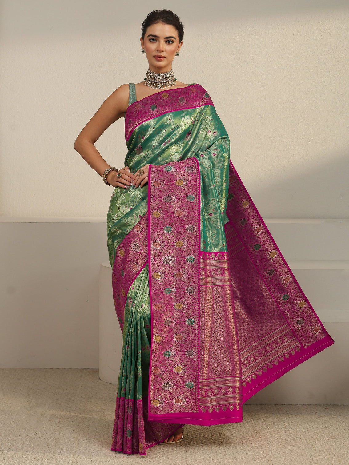 Mameraa Green and Pink Floral Woven Design Silk Blend Saree