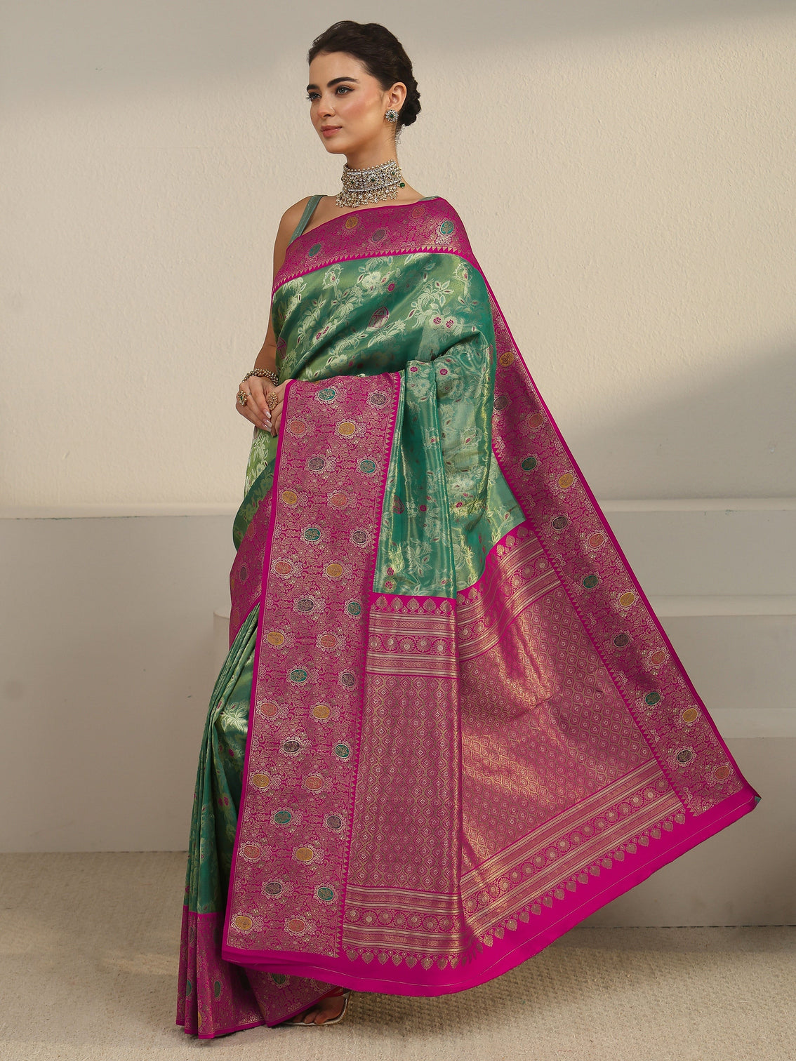 Mameraa Green and Pink Floral Woven Design Silk Blend Saree