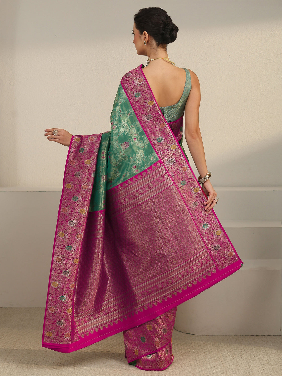 Mameraa Green and Pink Floral Woven Design Silk Blend Saree
