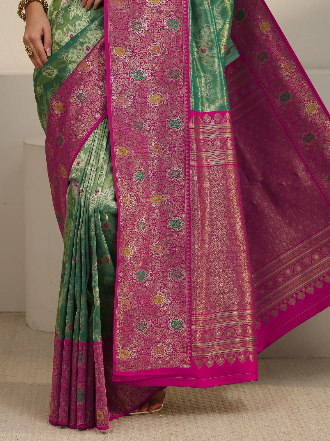 Mameraa Green and Pink Floral Woven Design Silk Blend Saree