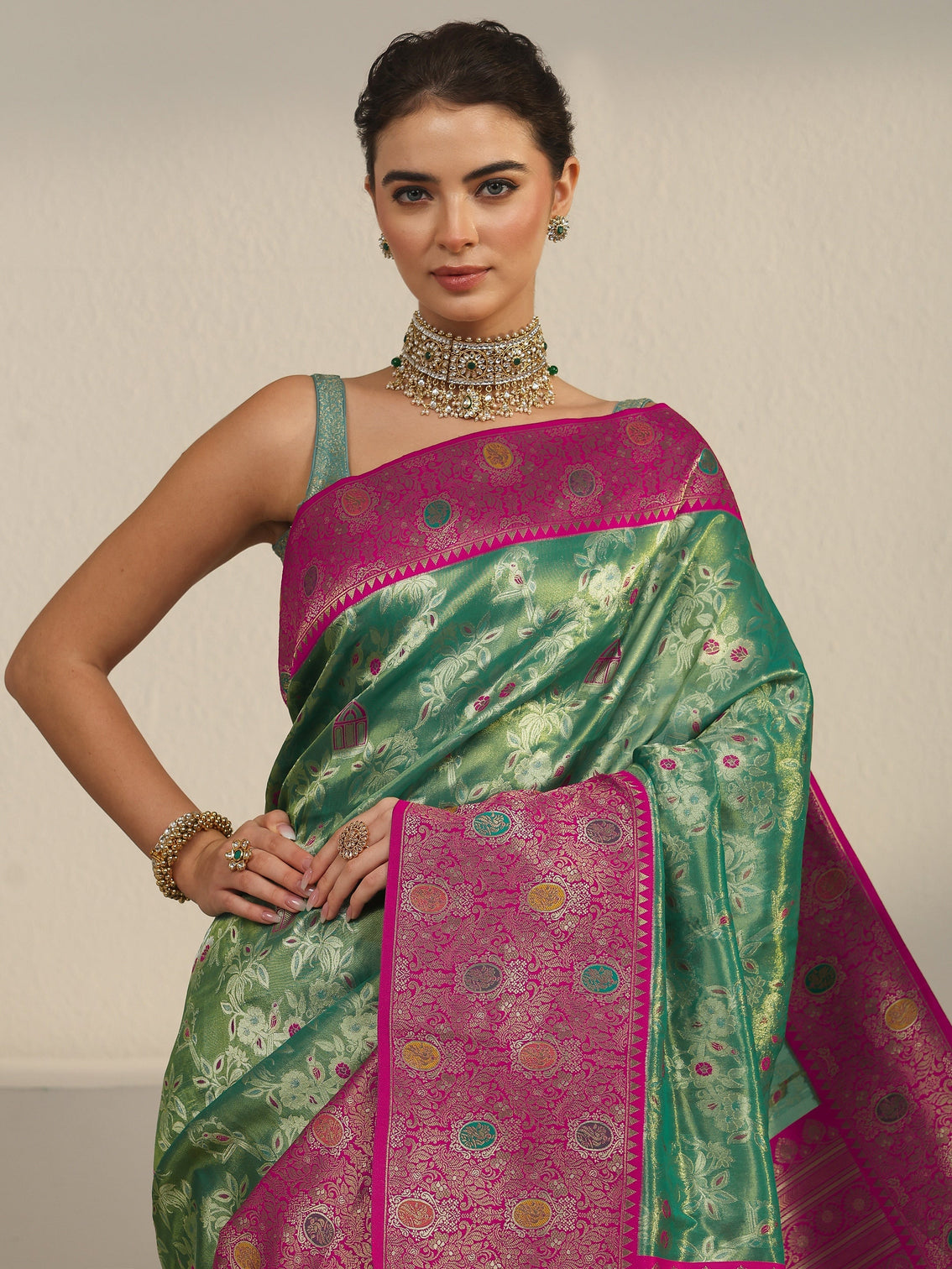 Mameraa Green and Pink Floral Woven Design Silk Blend Saree