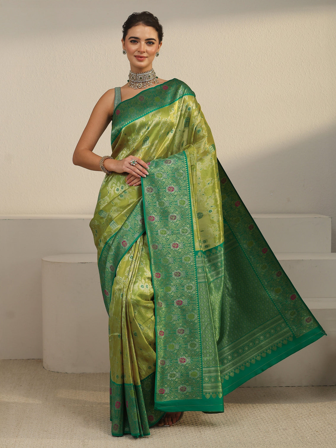 Mameraa Light Green and Dark Green Floral Woven Design Silk Blend Saree