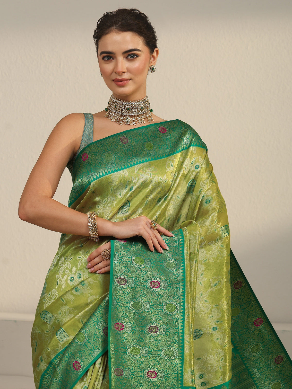 Mameraa Light Green and Dark Green Floral Woven Design Silk Blend Saree