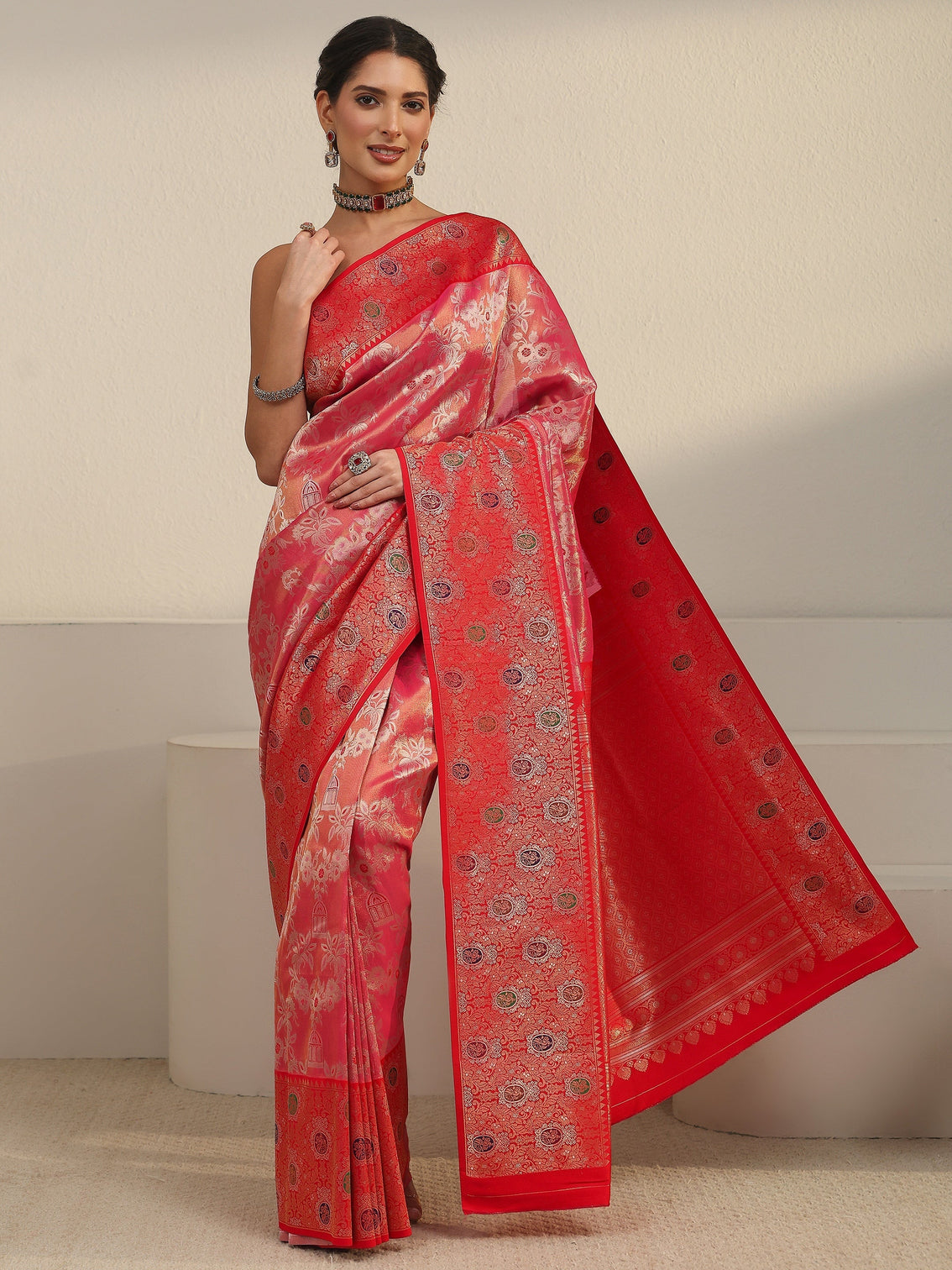 Mameraa Peach Pink and Red Floral Woven Design Silk Blend Saree