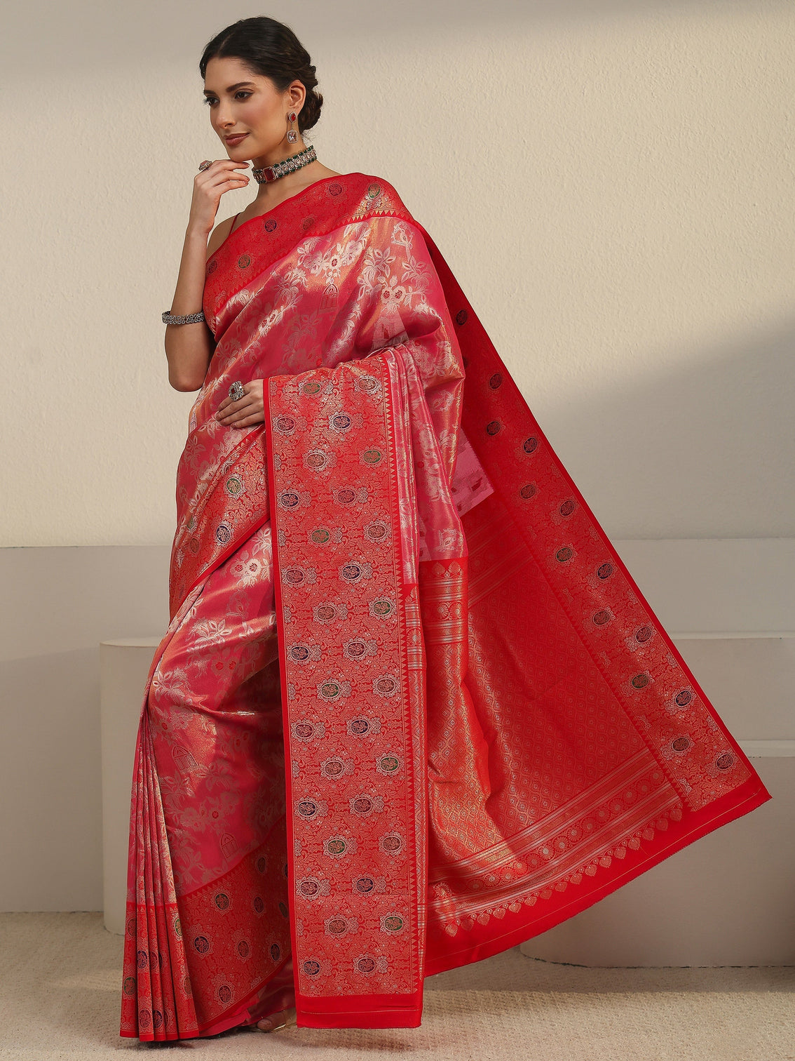 Mameraa Peach Pink and Red Floral Woven Design Silk Blend Saree