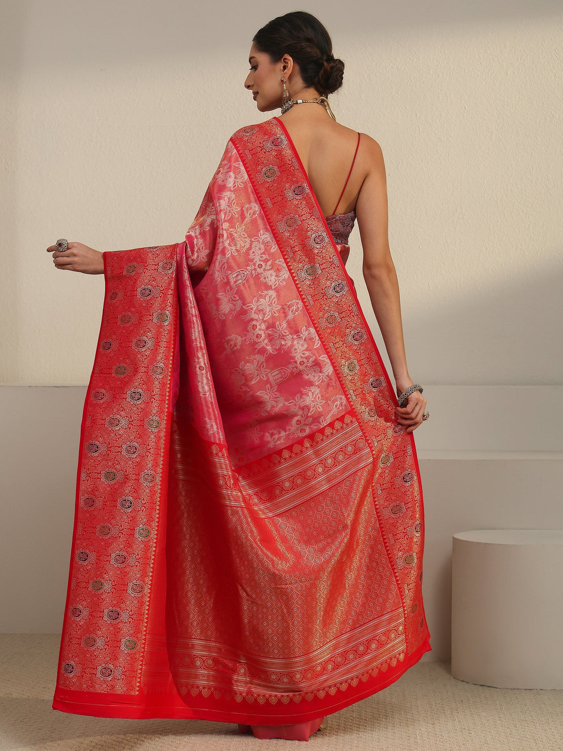 Mameraa Peach Pink and Red Floral Woven Design Silk Blend Saree