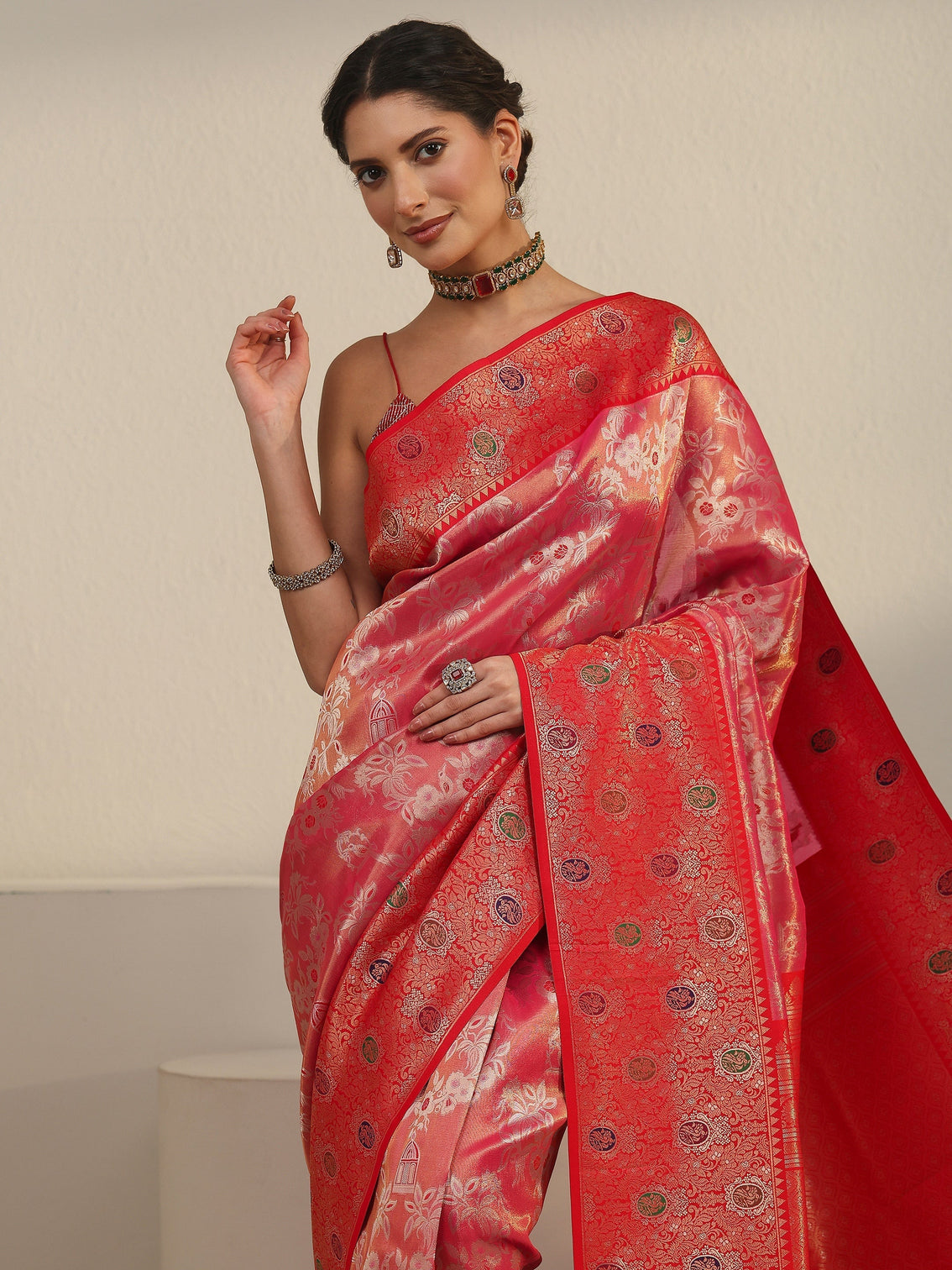 Mameraa Peach Pink and Red Floral Woven Design Silk Blend Saree