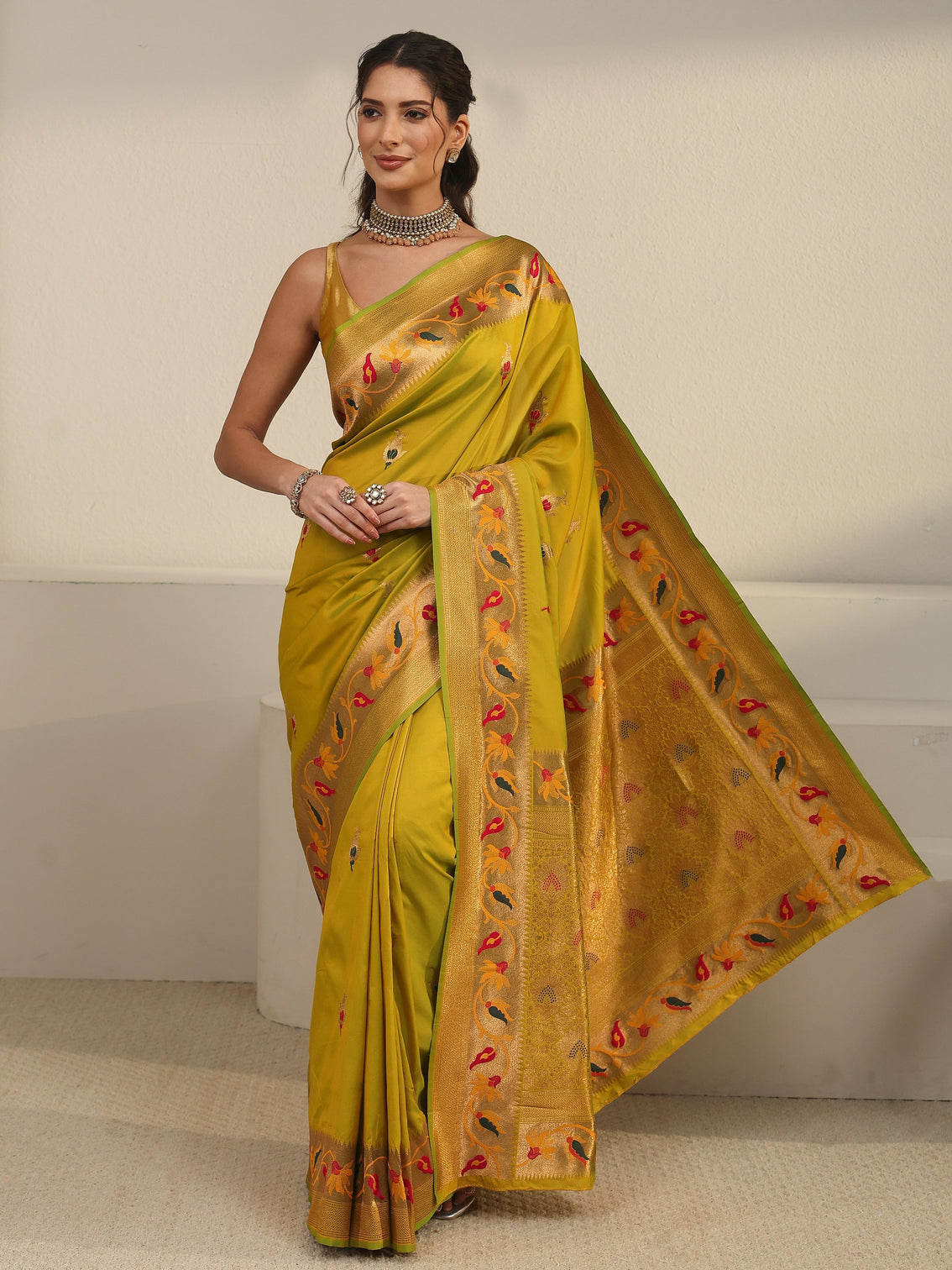Mameraa Yellow Green Woven Design Silk Blend Saree