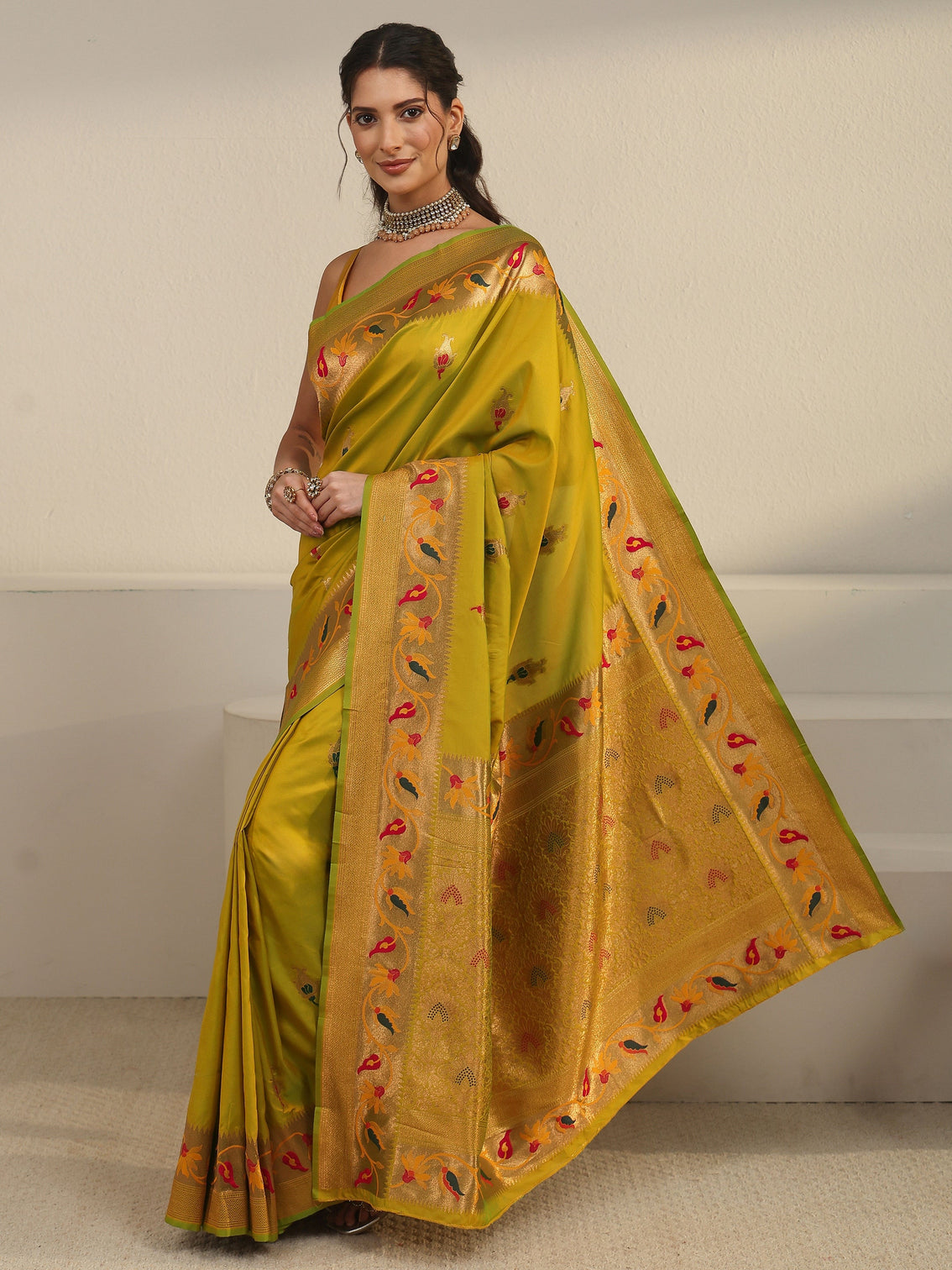 Mameraa Yellow Green Woven Design Silk Blend Saree