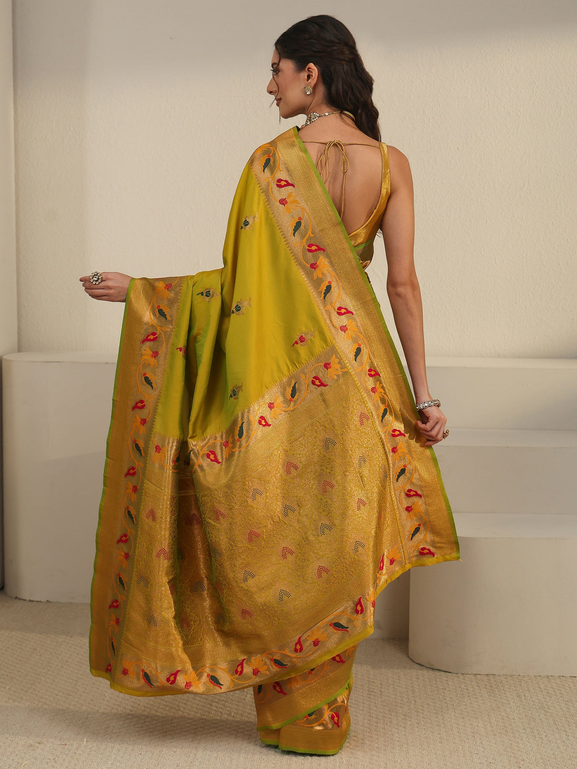 Mameraa Yellow Green Woven Design Silk Blend Saree