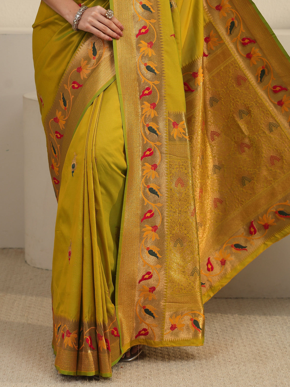 Mameraa Yellow Green Woven Design Silk Blend Saree