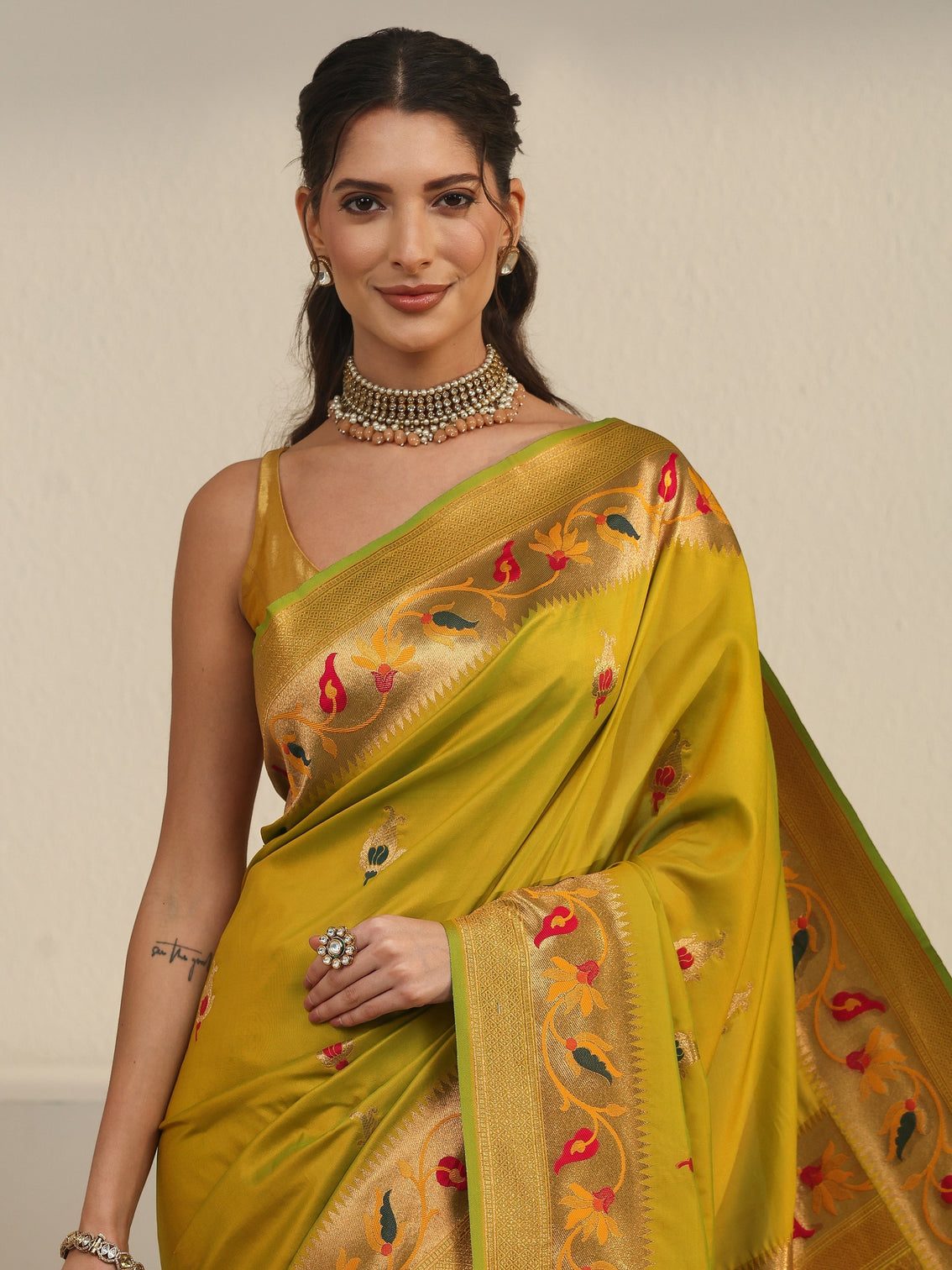 Mameraa Yellow Green Woven Design Silk Blend Saree