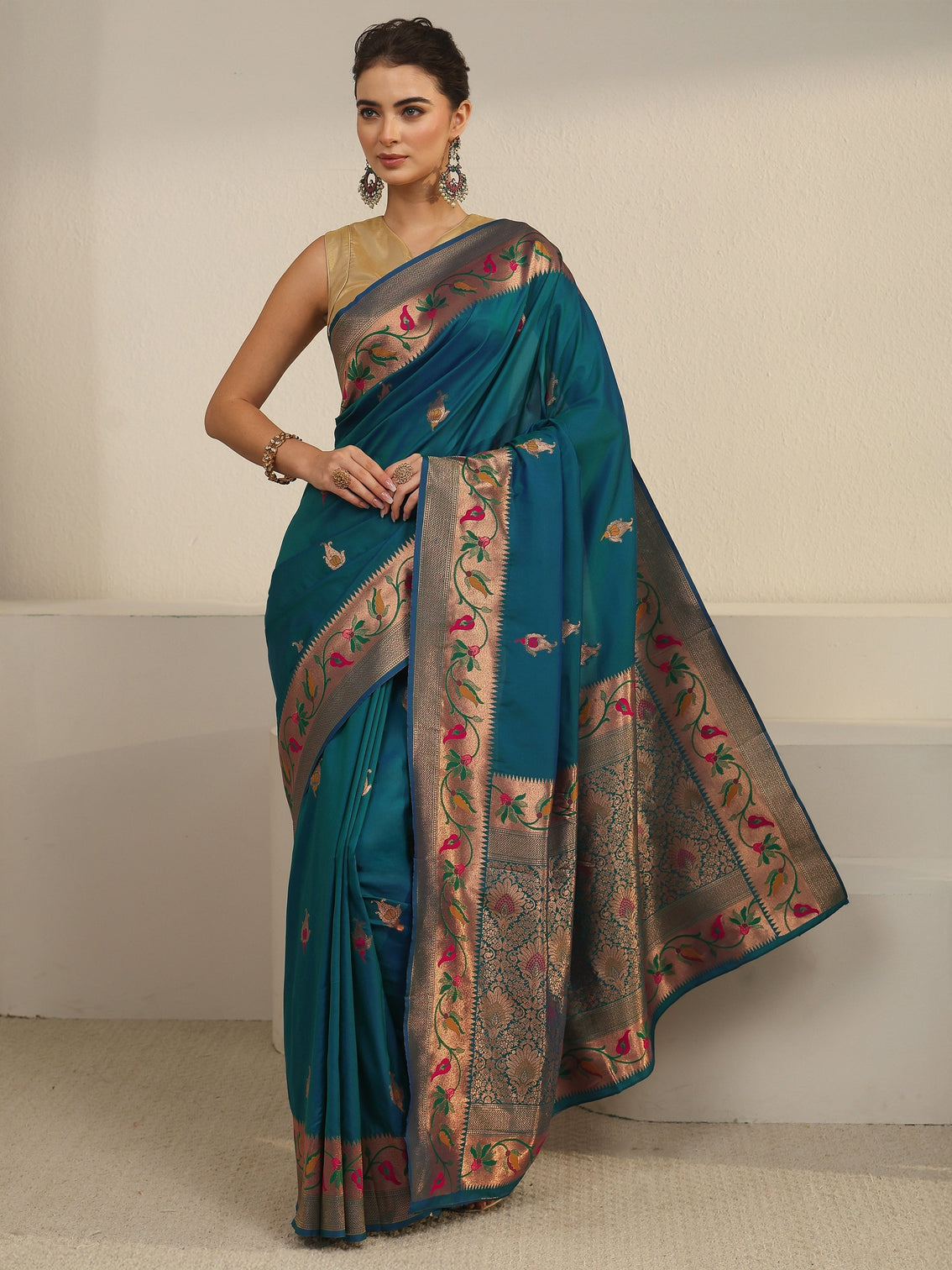 Mameraa Cerulean Blue Woven Design Silk Blend Saree