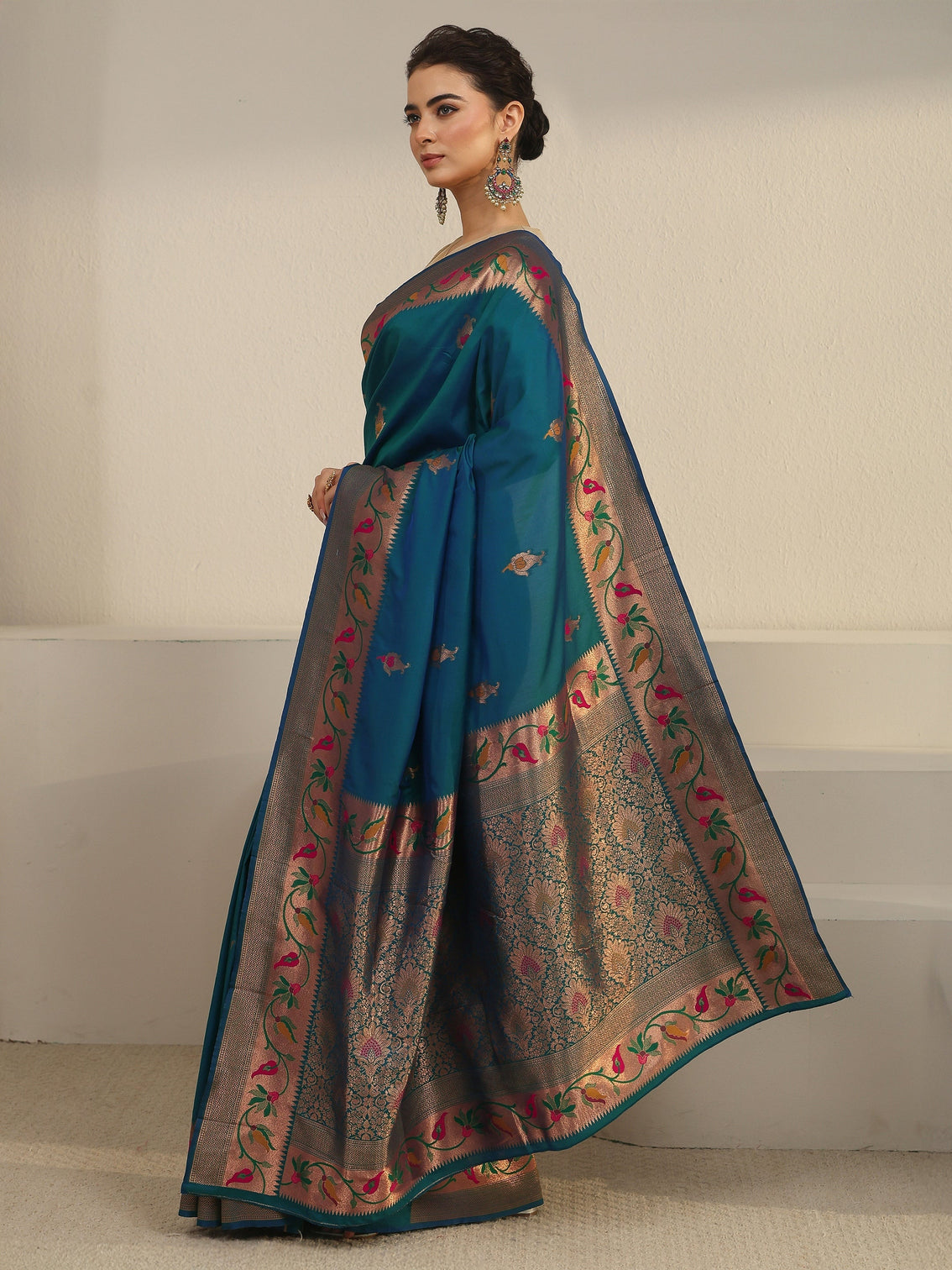 Mameraa Cerulean Blue Woven Design Silk Blend Saree