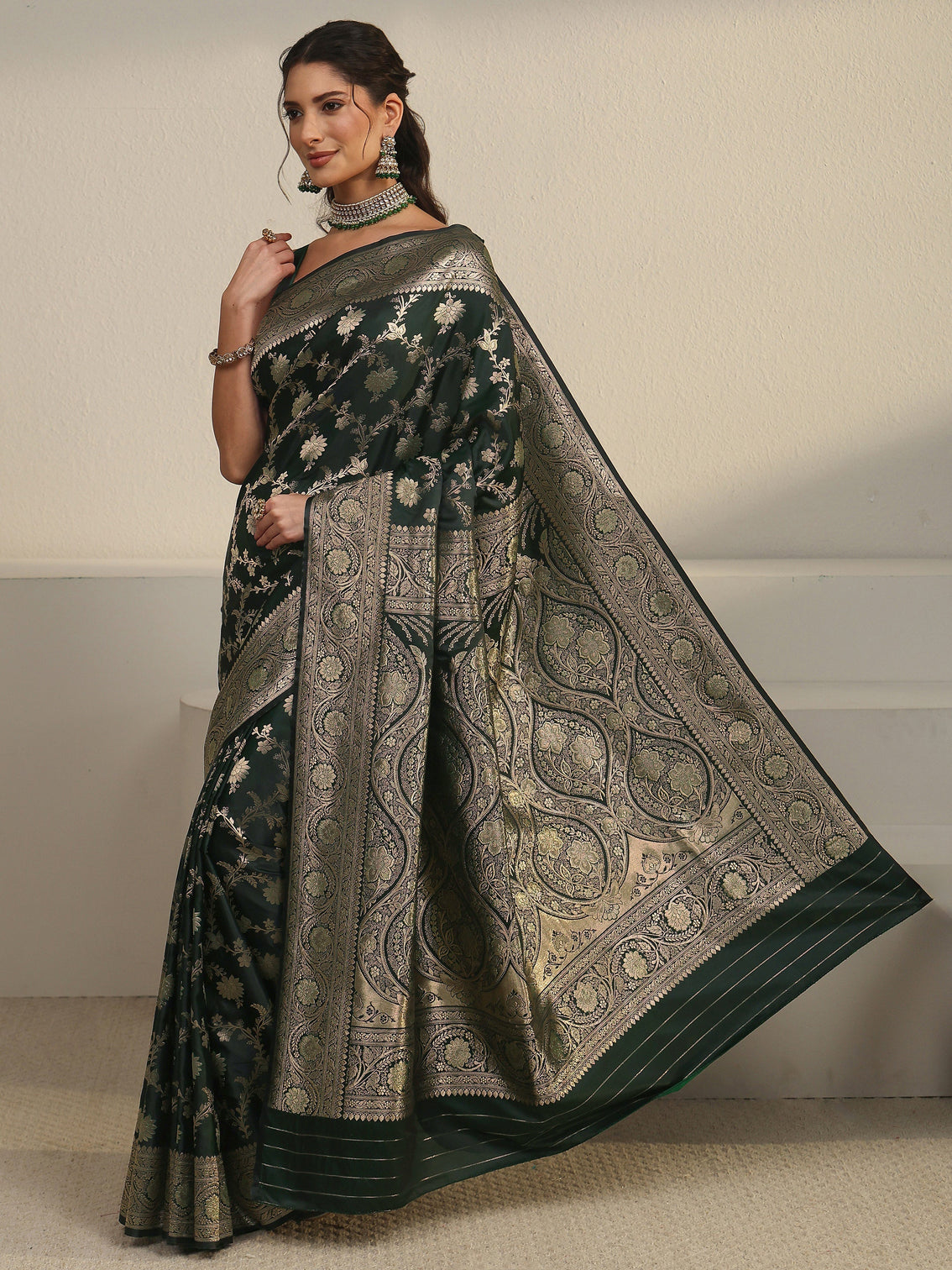 Mameraa Jungle Green Floral Woven Design Banarasi Satin Saree