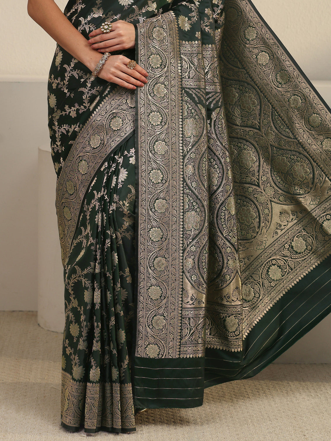 Mameraa Jungle Green Floral Woven Design Banarasi Satin Saree