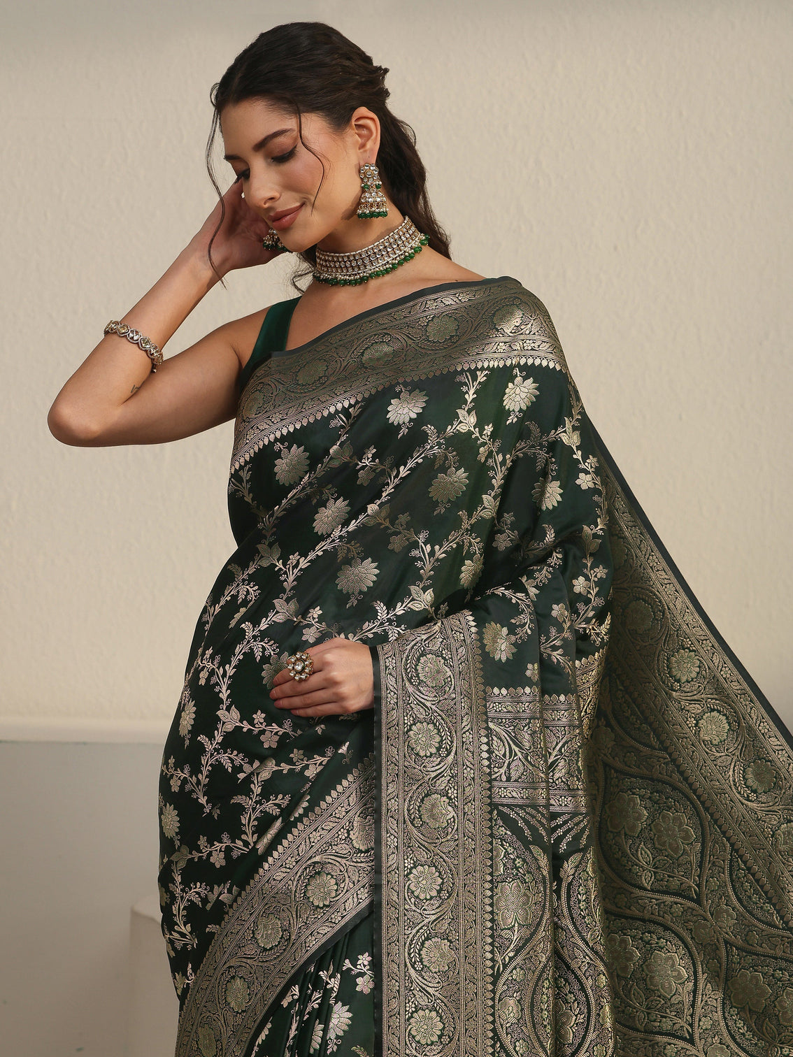 Mameraa Jungle Green Floral Woven Design Banarasi Satin Saree