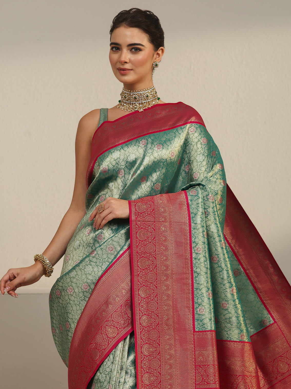 Mameraa Teal Green and Red Floral Woven Design Silk Blend Saree