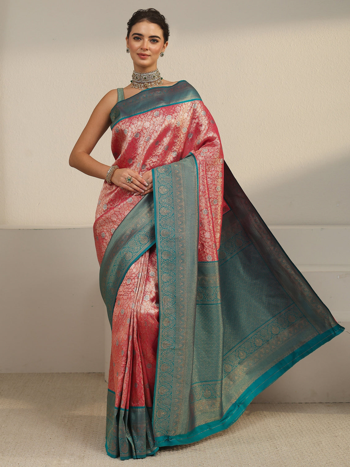 Mameraa Peach Pink and Blue Floral Woven Design Silk Blend Saree