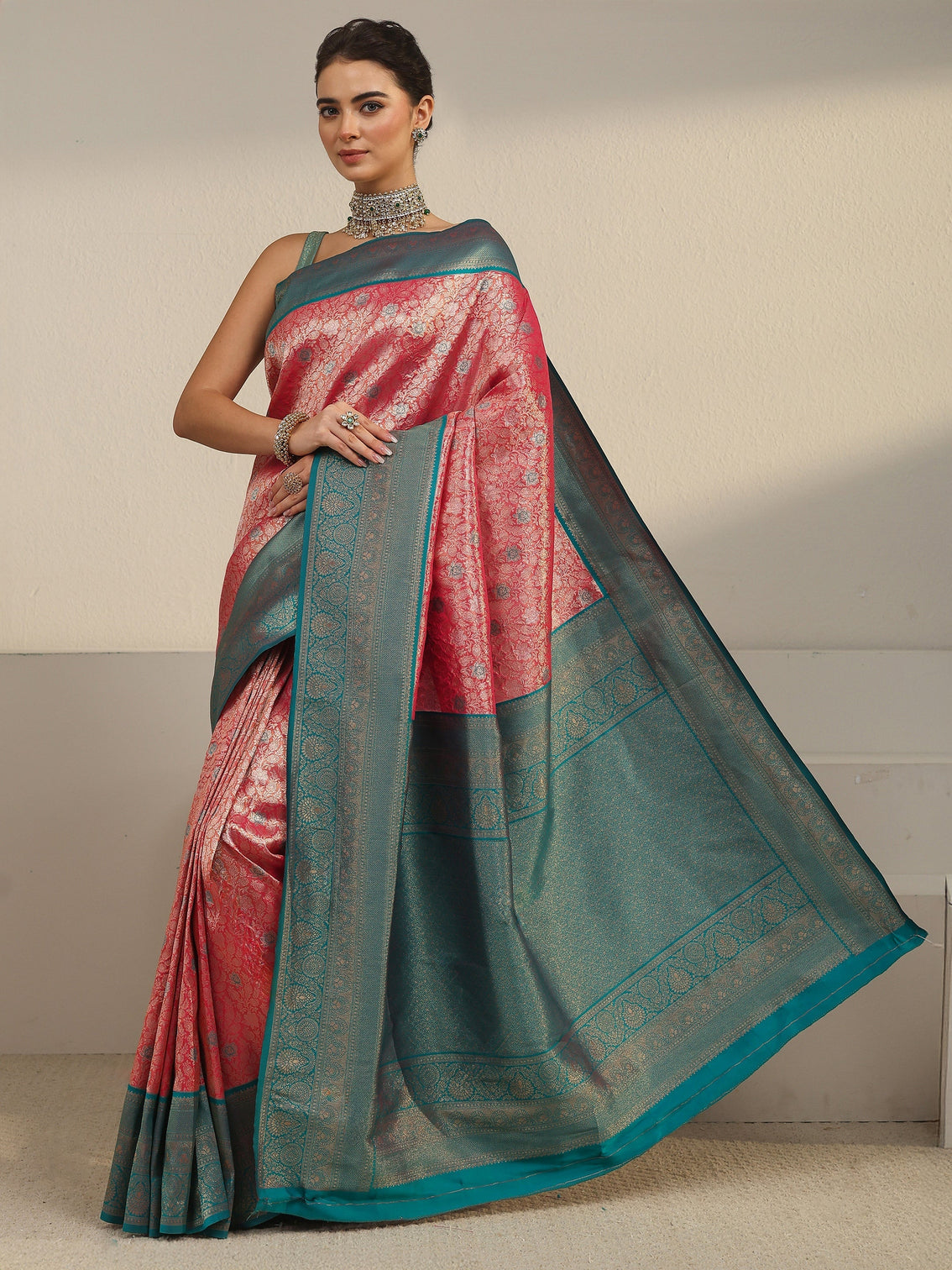 Mameraa Peach Pink and Blue Floral Woven Design Silk Blend Saree