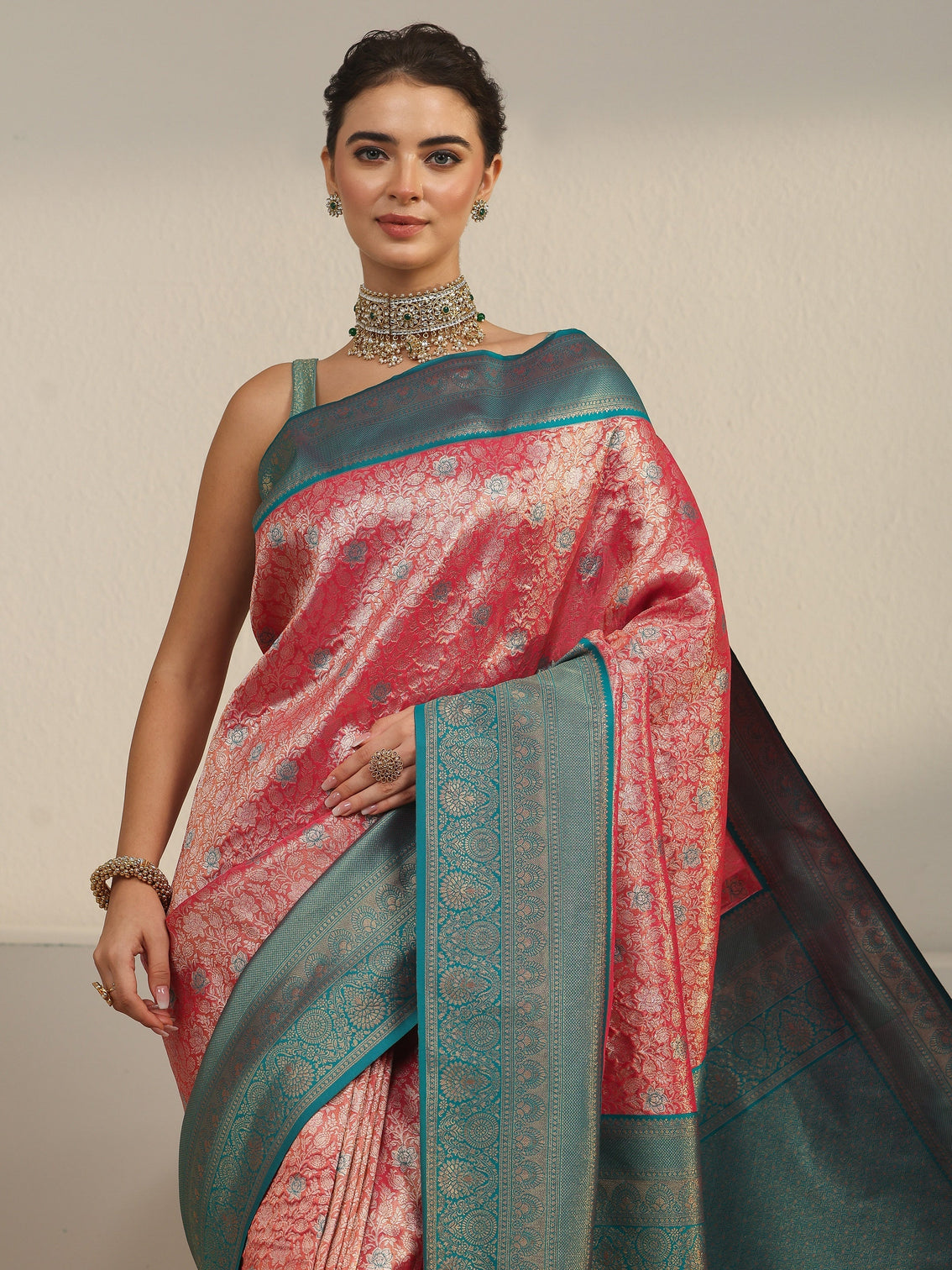 Mameraa Peach Pink and Blue Floral Woven Design Silk Blend Saree