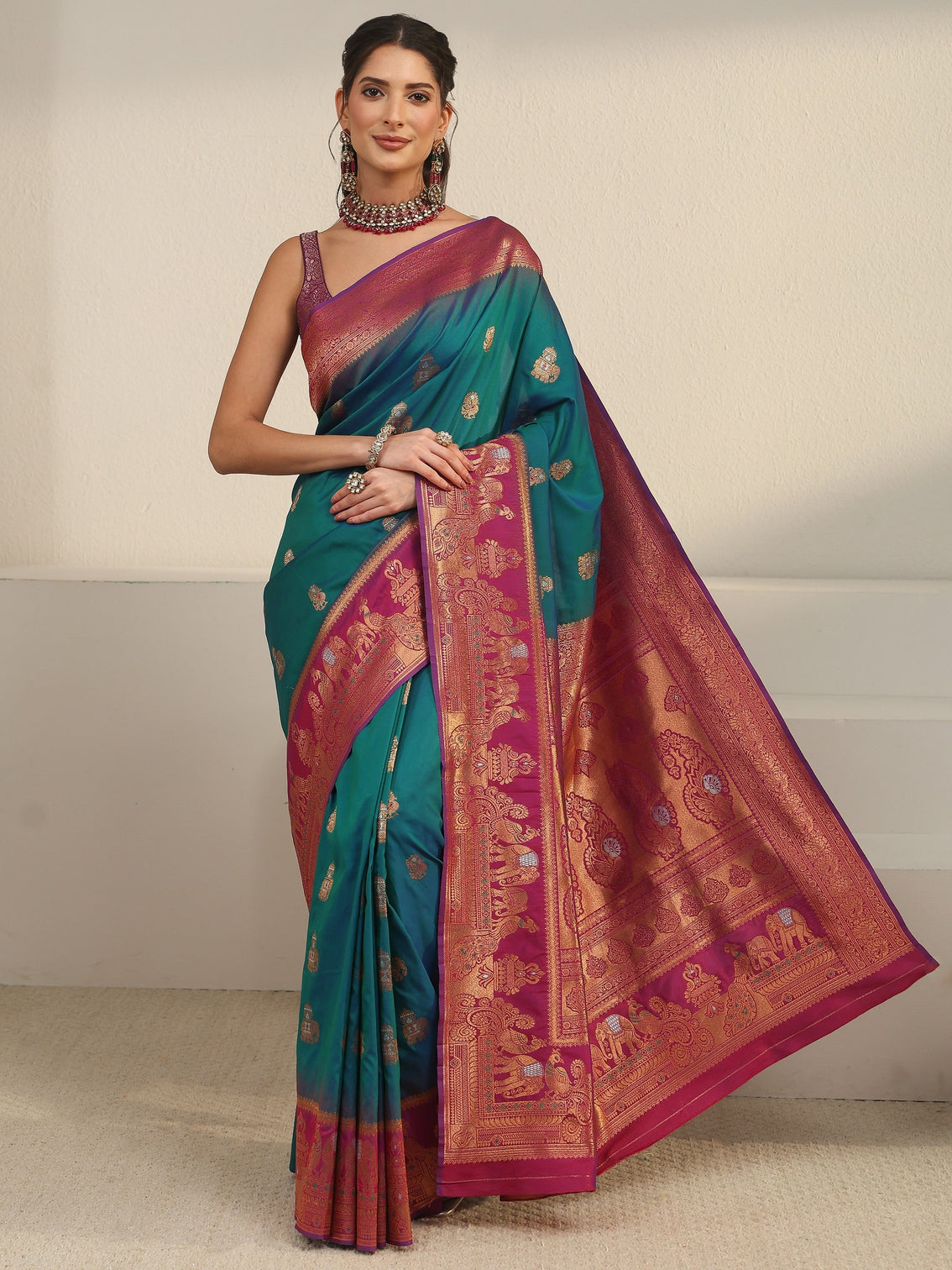 Mameraa Cerulean Blue and Pink Woven Design Silk Blend Banarasi Saree